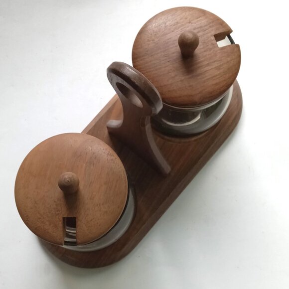 VTG MCM Betula Wood Teak Condiment Set Smoky Glass 2 Jam Jars with Tray England - Picture 6 of 8